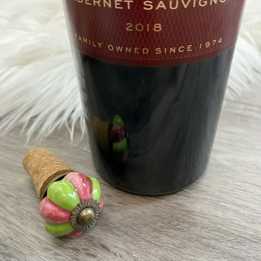 Wine Cork Stopper Decorative Flower Shiny Colored Painted Green Pink Ceramic